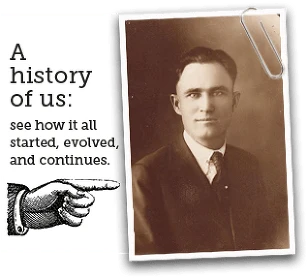 A page from Triangle Electric's history section: a sepia portrait of a young man in a suit, with the words A history of us.